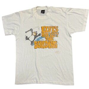 VTG Men’s White L T-Shirt Single Stitch Ice Hockey Elvis Has Left The Building